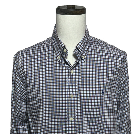 Ralph Lauren Shirt Mens XL Blue Brown Gingham Plaid Button Down Long Sleeve - Picture 1 of 11